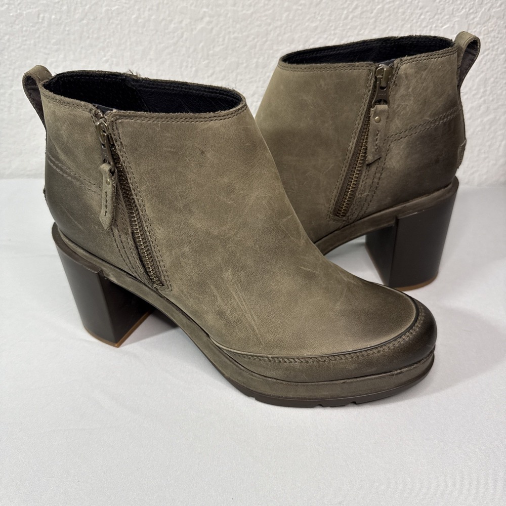 Sorel Blake Block Heel Chunky Quarry Grey Olive Leather Bootie Size 9.5